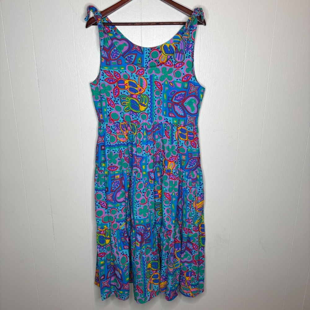 VTG Two Potato Midi Dress L Multi Floral Novelty Tie-Shoulder Straps Retro Bohe